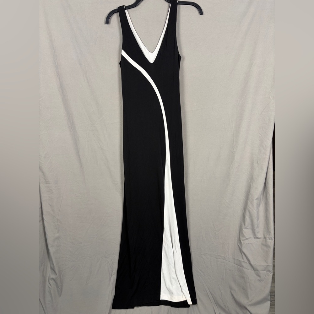 Vintage Jodi Kristopher Colorblock Maxi Dress Black White V Neck Stretch Formal